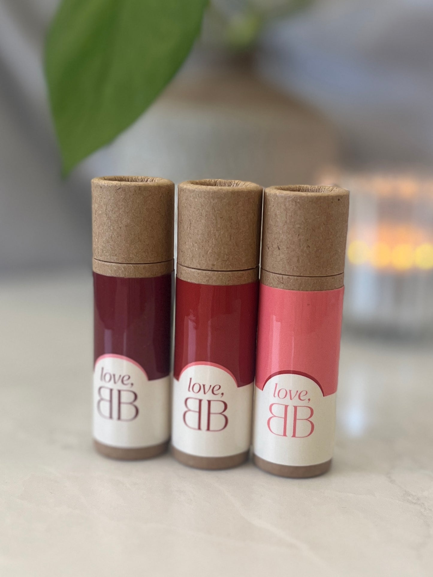Tinted BB Lip Balm Trio Gift Set – Peach, Berry, Cherry by loveBB. Multi-use balm for lips, cheeks, and eyes.